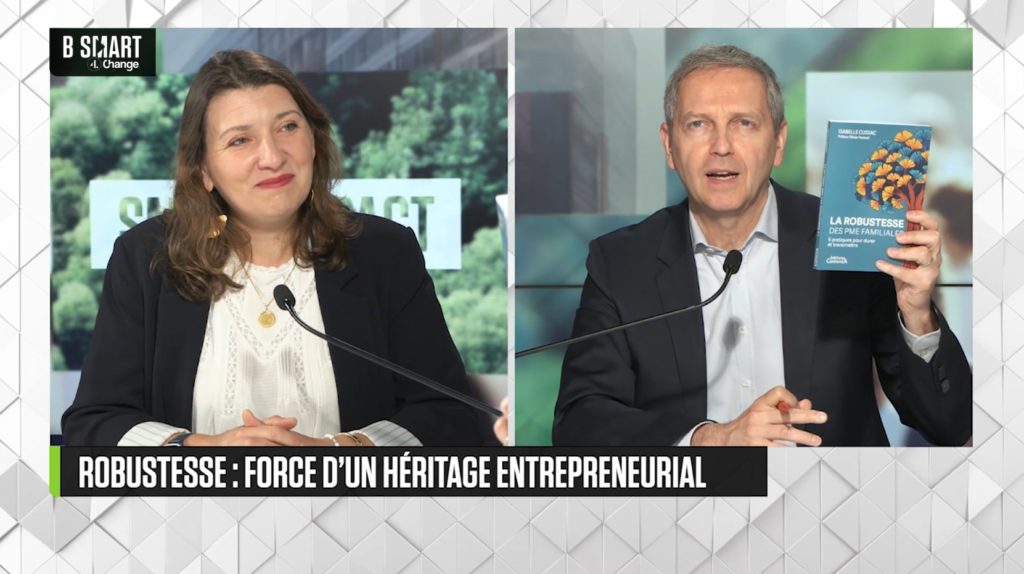 Isabelle Cussac sur le plateau de Bsmart avec Thomas Hugues présentant le livre "La robustesse des PME familiales"